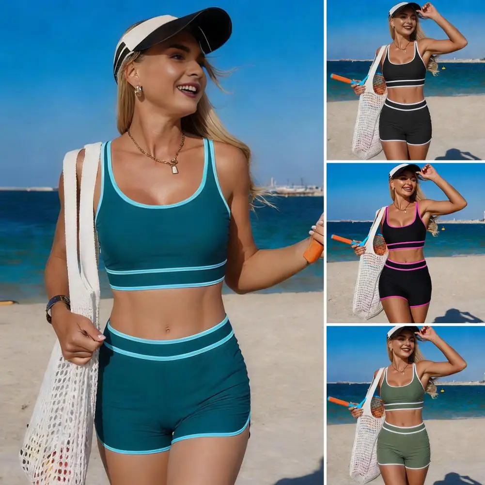 

2Pcs/Set Deep Sea Blue Swim Set Black Competitive Swimsuit Burgundy Beach Volleyball Swimwear Matte Fabric Sports Bikinis Set