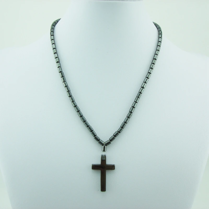 Hematite Jesus Cross Necklace Magnet Black Beads Magnetic Therapy Neck Care Health Energy Pendant Necklace Religious Jewelry