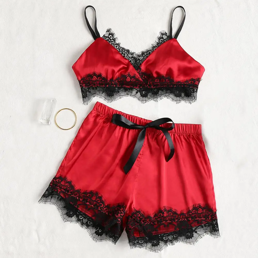 Women Sleepwear Sexy Lace Patchwork Set Spaghetti Straps Bra Elastic Bow Shorts Pajamas Lingerie Bathrobe Silk Satin Nightwear