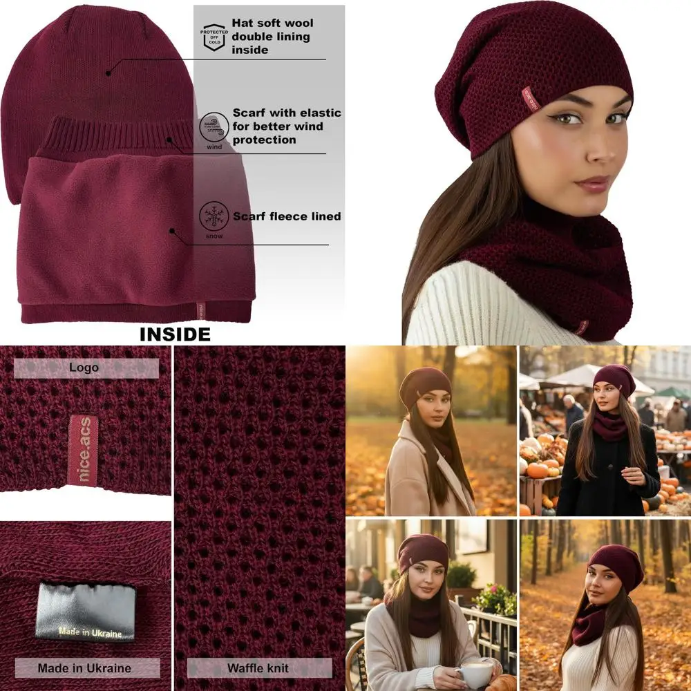 طقم وشاح إنفينيتي من الصوف للنساء وقبعة صغيرة متماسكة مترهل #1
