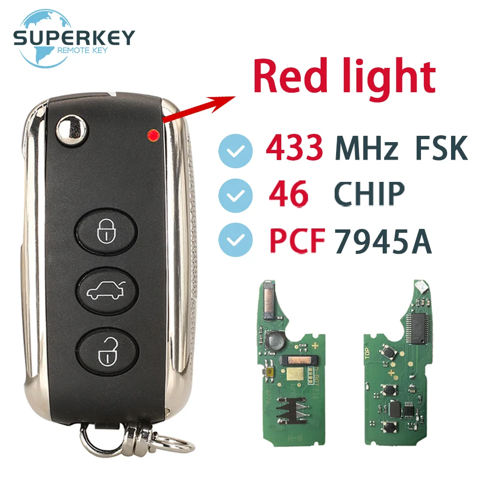 SUPERKEY 66CEA8E6 433MHz 46 Chip PCF7945AC With Keyless Flip Smart Car Key For Bentley Continental GT Flying Spur Red light