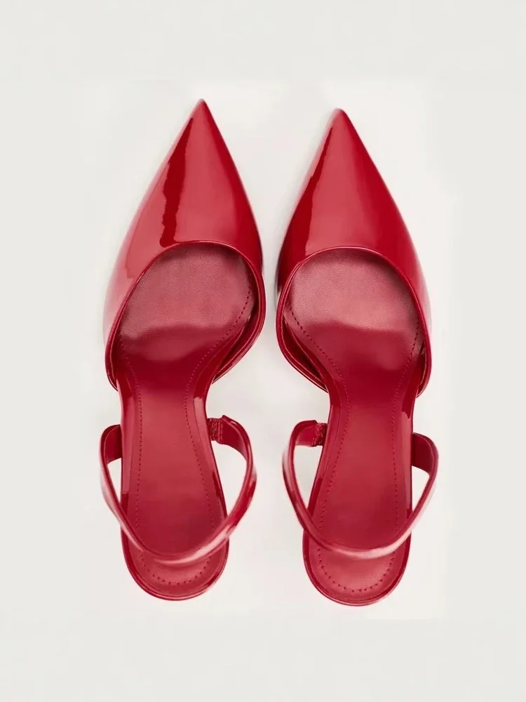 

New red patent leather shiny pointed temperament fashionable high-heeled Mueller shoes hollow sandals