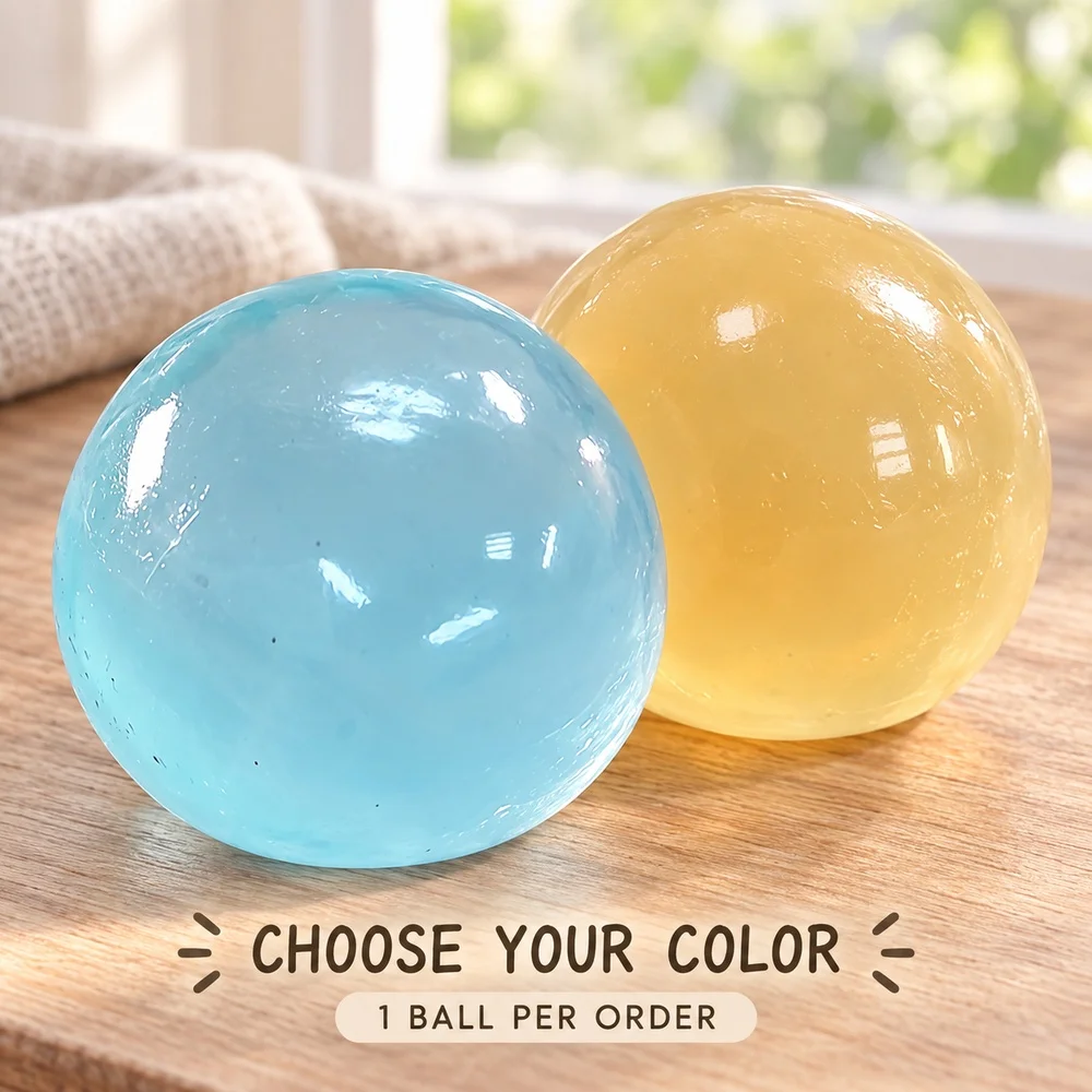 Squishy Ball Toy Blue or Amber Soft TPR Round Squeeze Fidget Smooth Glossy Handheld Desk Companion Gift for Teens and Adults
