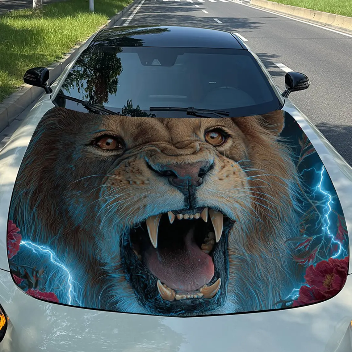 [Durable Construction] Fierce Blue Lightning Lion Car Hood Stickers-Scratch Resistant, Weather Resistant PVC Material, Easy To S