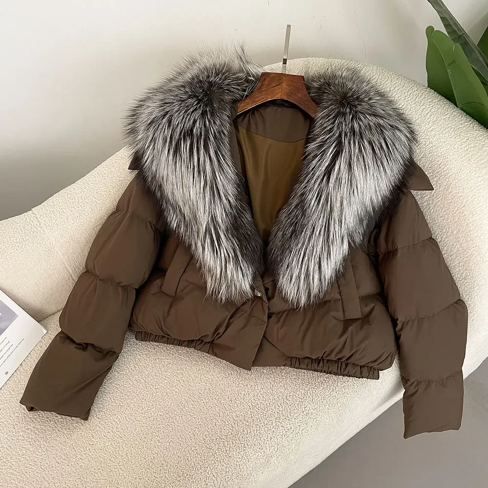 2024 New Winter Real Fox Fur Jacket Women Big Real Fox Fur Collar Natural Thick Warm Duck Down Coat Short Outerwear Streetwear