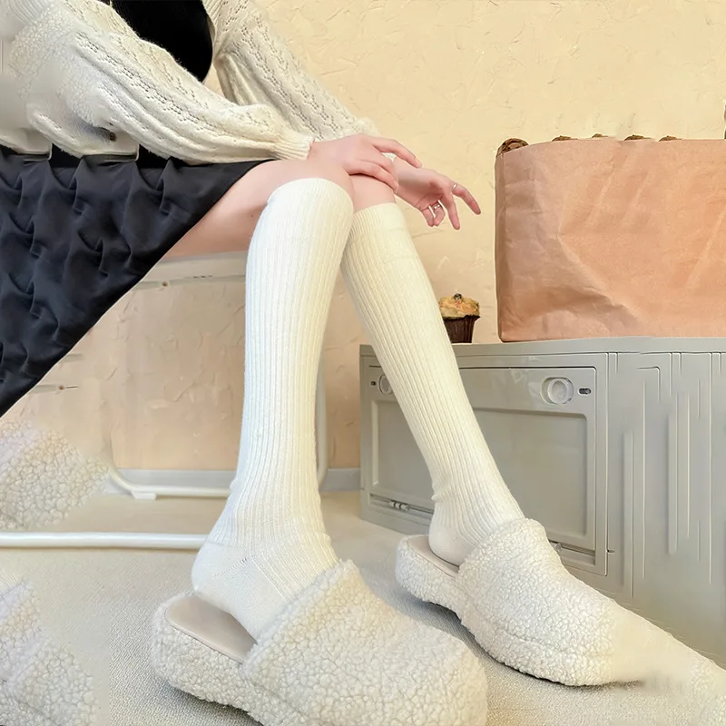 

Socks Woman Autumn and Winter Thick Warm Solid Color Knee High Stockings Black White Vertical stripes Thigh High Socks for Women