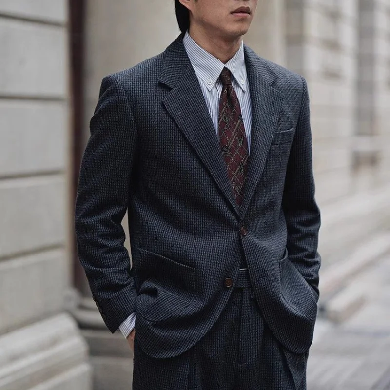 

Retro British Thousand Bird Plaid Slim Fit Men's Suit Single Breasted Autumn and Winter Thick Casual Suit Jacket for Men