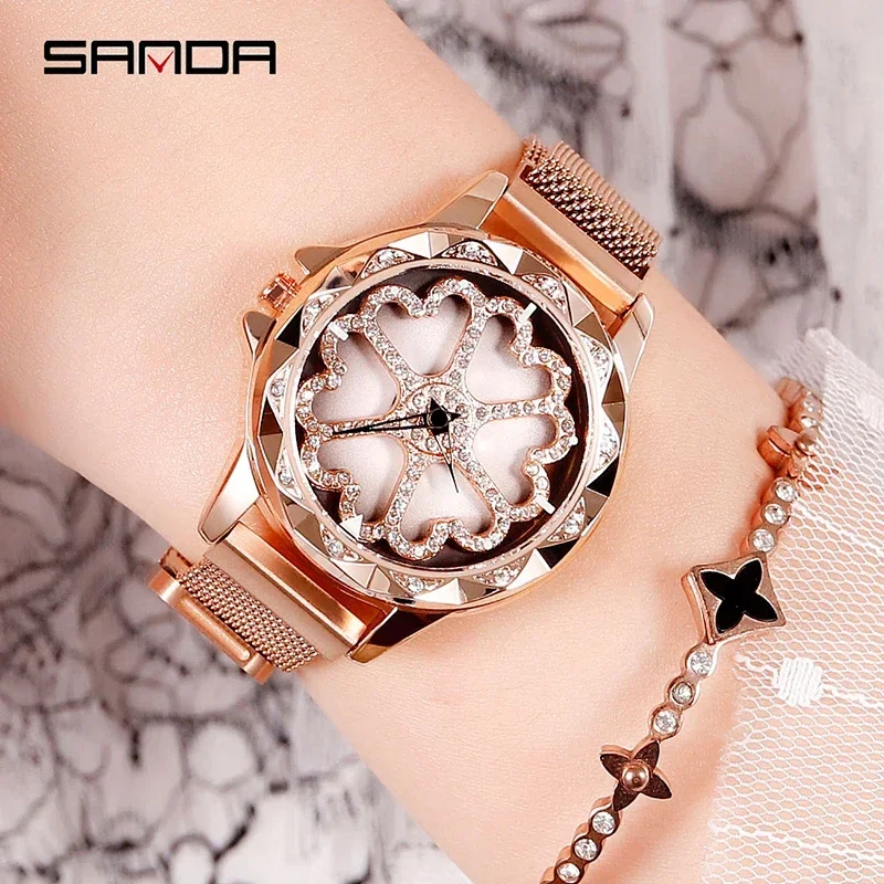 

SANDA New Fashion 360 Degree Rotating Hollow Petal Dial Watch Romantic Luxury Brand Design Magnet Clasp Wristwatch Orologi Donna