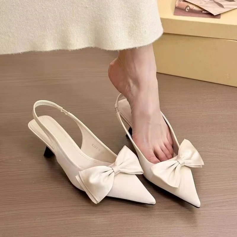 Elegant High Heels Women's Shoes Summer Black Shallow Mouth Pointed Toe Bow Slingbacks Luxury Party Office Lady Sandals image 5
