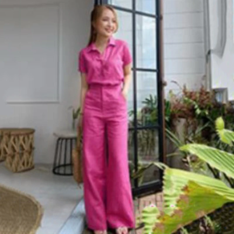 

Широкие брюки из хлопка и льна, комплект из двух предметов для женщин 2024, модная однотонная рубашка с коротким рукавом, комплекты из 2 предметов, женский наряд, белый цвет