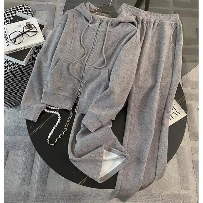

Elegant Fleece Lined Straight Leg Loose Fit Thermal Set Women's Casual Hoodie Jacket And Pants Two Piece Spring Autumn Winter...