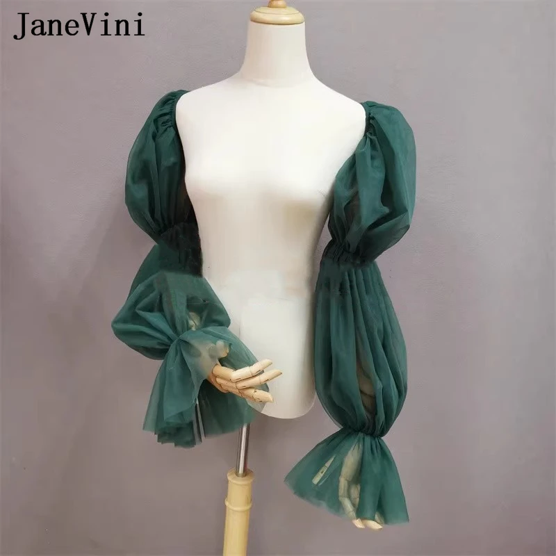 JaneVini Elegant Dark Green Cape Tulle Wedding Bolero Jacket Womens Bride Long Sleeves Detachable Arm Sleeves Gloves Shawl Wraps