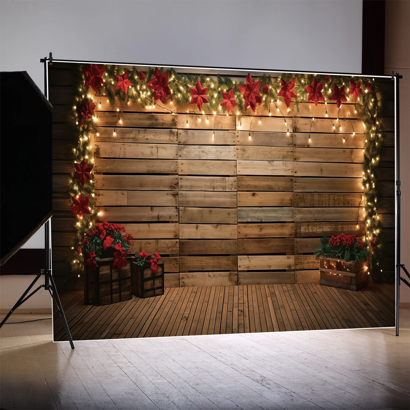 MOON.QG Backdrop Gold String Lights Christmas Wood Board Plank Wall and Floor Background Wooden Flowers Party Frame Photo Booth