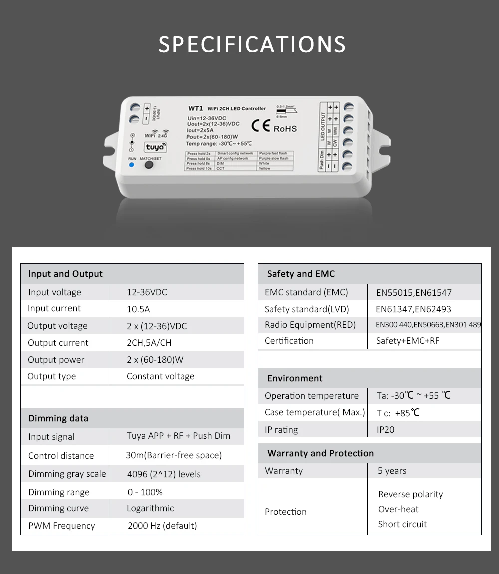 WT1 Tuya LED Controller 12V 24V 4Zone Wall Touch Panel Dimmer Wireless Smart Wifi RF Remote per Single Color CCT LED Strip Light