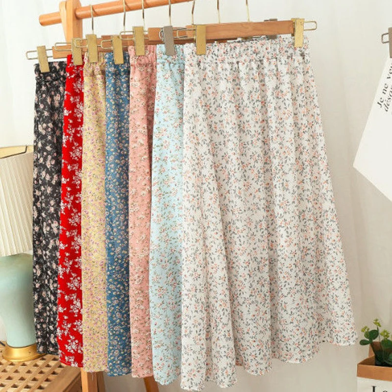 

Gidyq Women Chiffon Midi Skirt Korean Fashion Floral Loose Skirts High Waist Female Casual All Match A Line Skirts Summer New