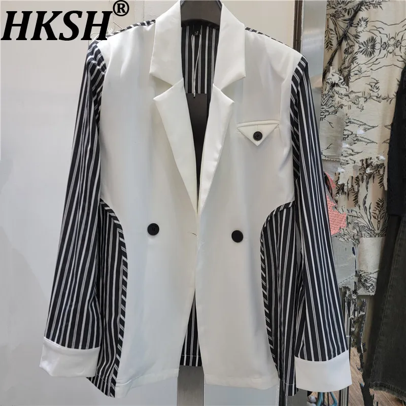 

HKSH Autumn New Women Blazer Striped Patchwork Contrast Color Long Sleeve Turn-down Collar High Street Elegant Chic Coats HK9639
