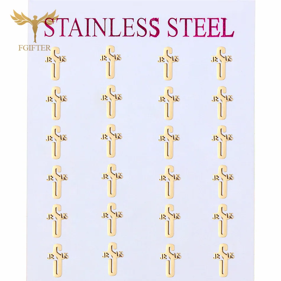 12 Pairs Christian Jewelry Stainless Steel Earrings Sets Jesus Word Cross Design Gold Color Ear Stud Women Men Accessory