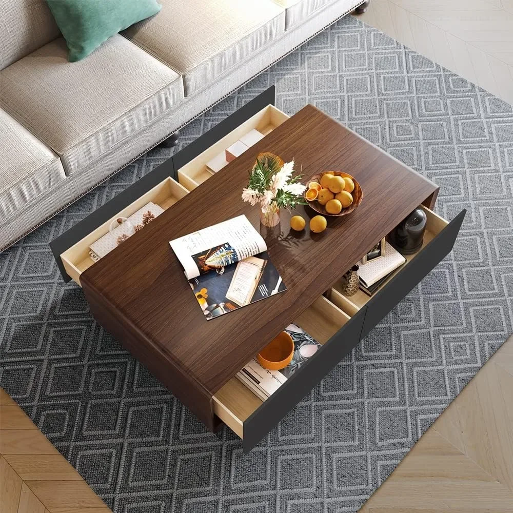 Modern coffee table in the living room, 51 inch square coffee table with storage space, 4 drawer wooden coffee table,