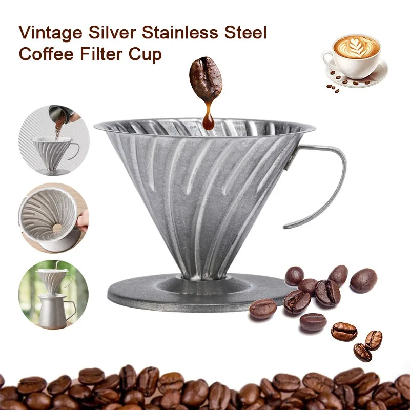 

Vintage Silver Stainless Steel Coffee Filter Cup,Portable Hand Dripper for Outdoor Camping Barista Tools Brewing Accessories