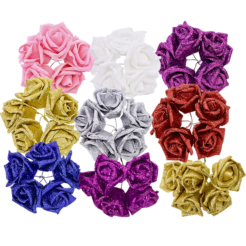 10/20pcs Glitter Foam Rose Artificial Flower Bridal Bouquet For Wedding Party Decor DIY Wreath Scrapbook Supplies Fake Flowers