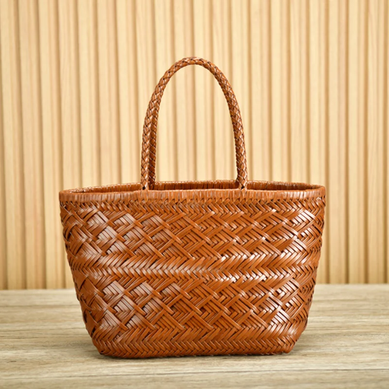 2024 spring and summer new braided bag genuine leather pure handmade vegetable basket bag French casual all-match female bag