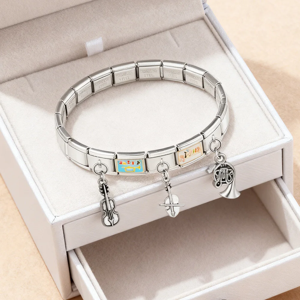 Mode-Schallplatten-, Gitarren-, Horn-, Saxophon-, Klavier-Anhänger passend für 9mm italienischen Edelstahl-Schmuck zur DIY-Armbandherstellung – Detail 5