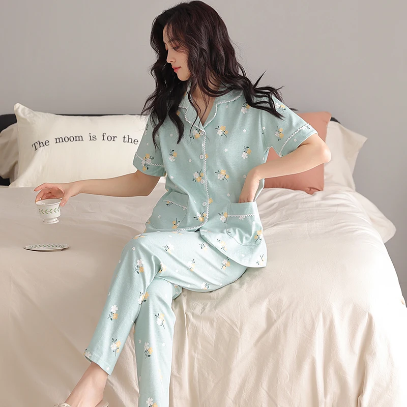 Elegant Flower Women\'s Pajama Set Summer Lapel Printed Modal Cotton Sweet Pajamas For Ladies Big Yards Cardigan Casual Tracksuit