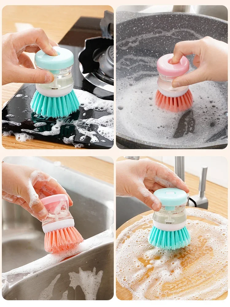 Random Color Kitchen Wash Pot Dish Brush Washing Utensils with Washing Up Liquid Soap Dispenser Household Cleaning Accessories