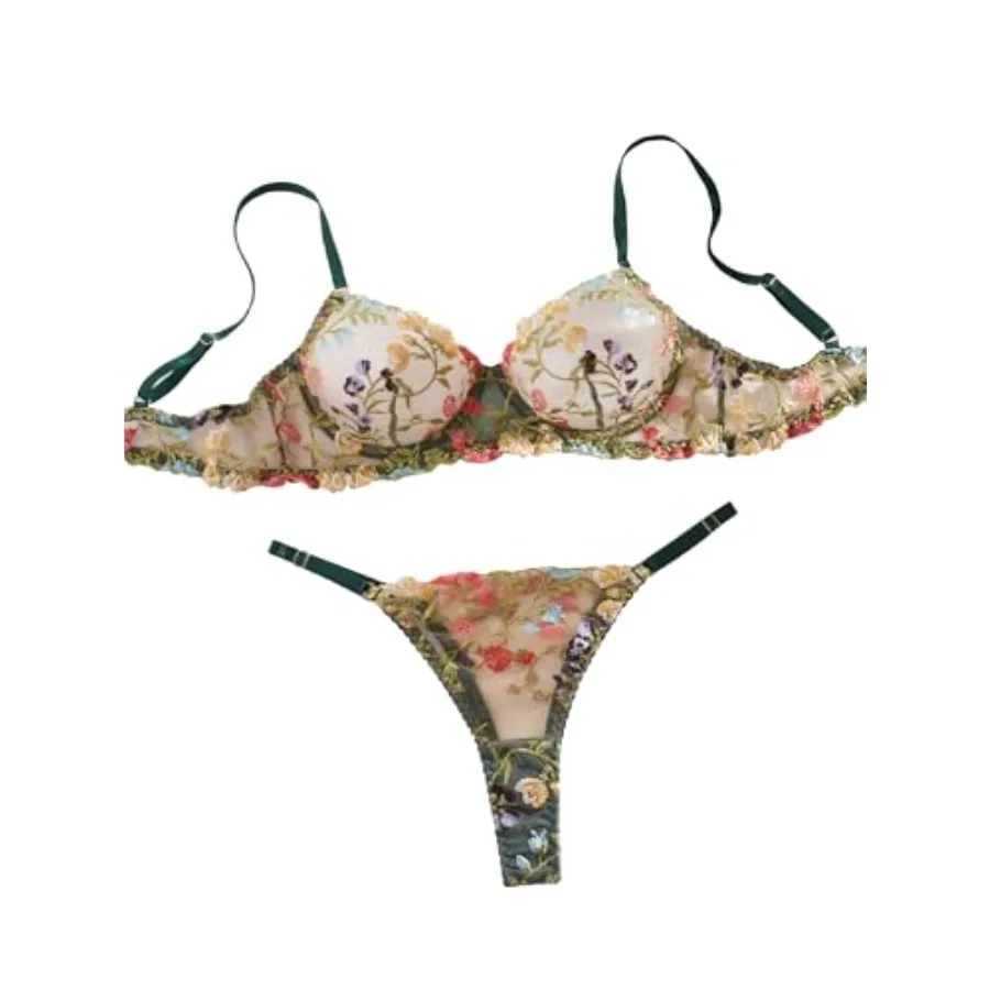 

Sexy Florl Emroide Flower Mesh Underwire Push Up Lingerie Set