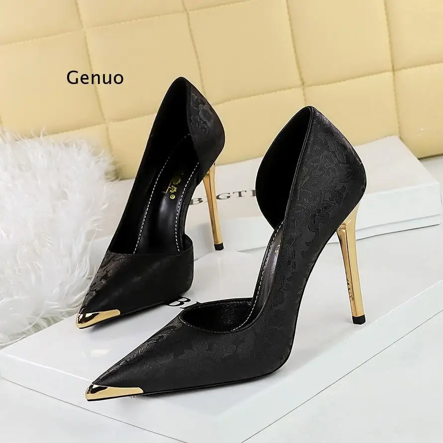 

Women's Elegant Satin Metal Point Toe Low Cut Side Cutout Stiletto Heel Pumps Formal Party Dress Shoes