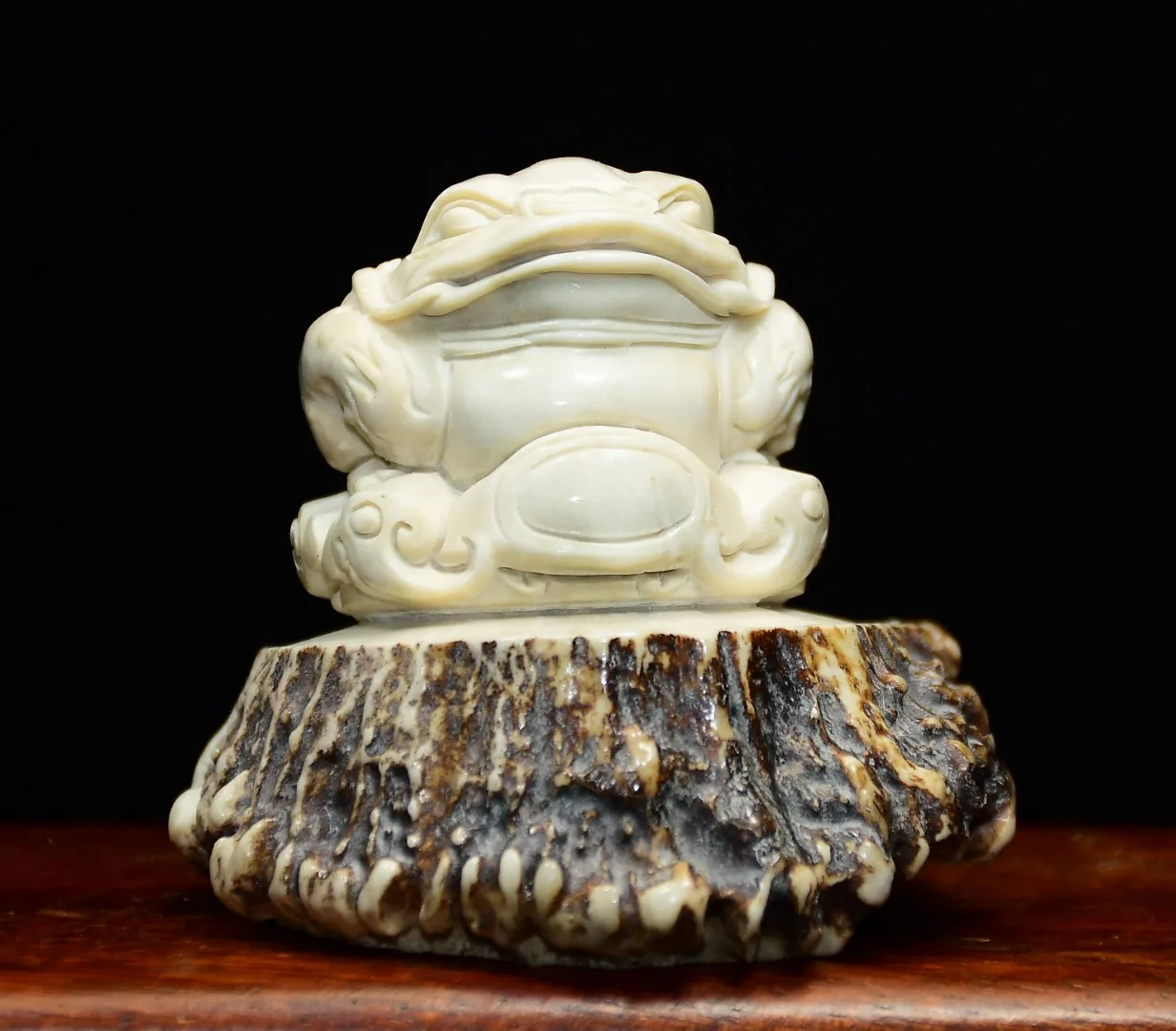 Old Deer Horn carve Golden Toad Statue Fortune Frog Flower base Wenfang screen Amass wealth Ornaments Town house