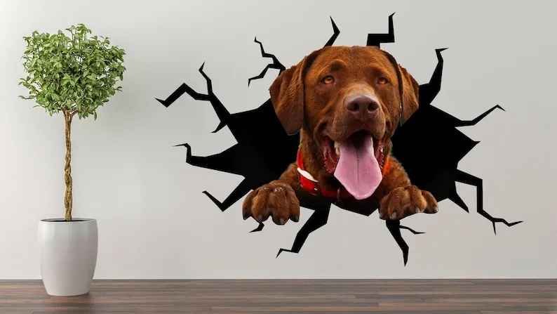 Dog With Tongue Out Wall Decal Art Decor 3D Smashed Sticker Poster Room Mural A-362