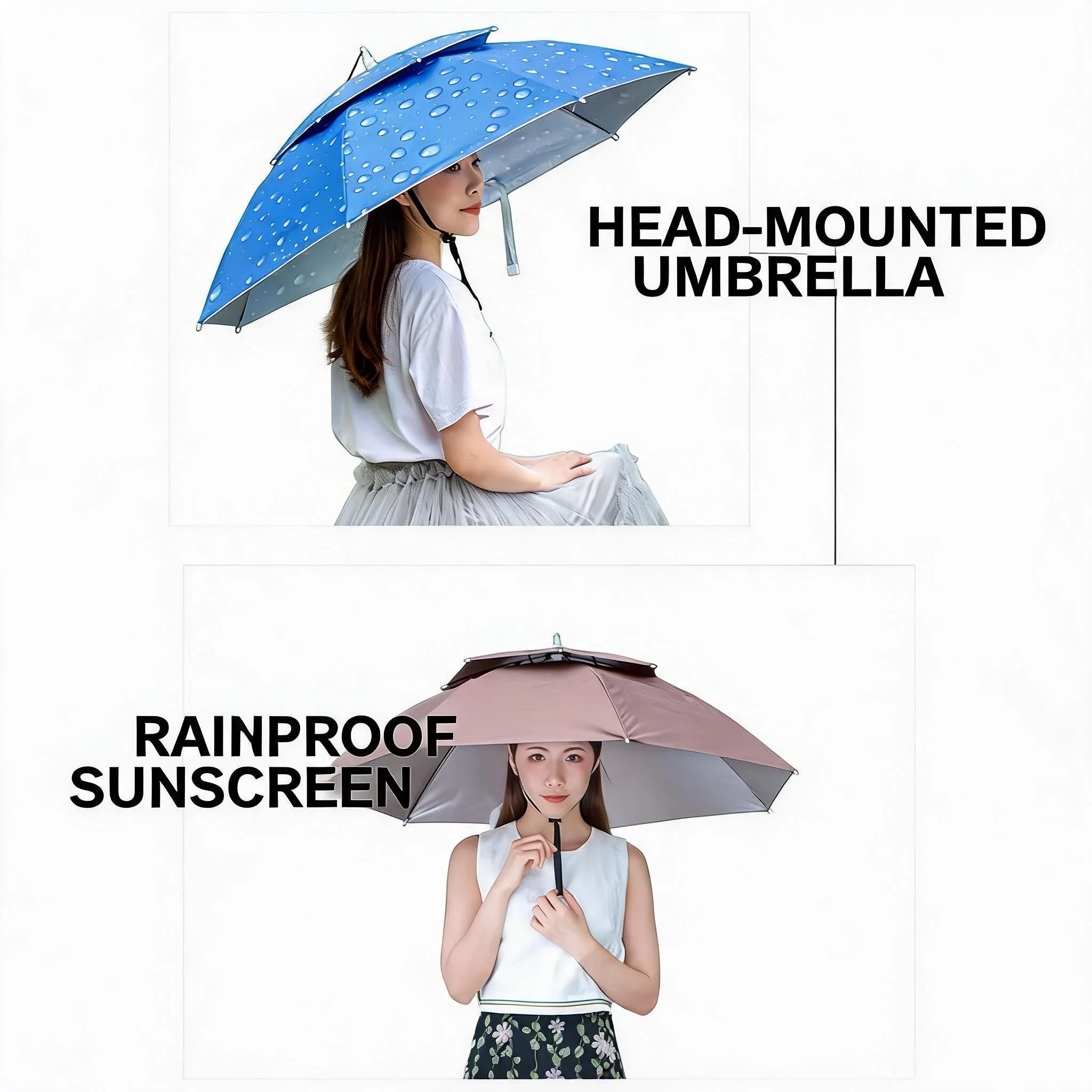 8 Bone Rain Umbrella Hat Foldable Sun Shade Waterproof Fishing Headwear Cap Beach Head Hats Double-Layer UV Protection Sunscreen