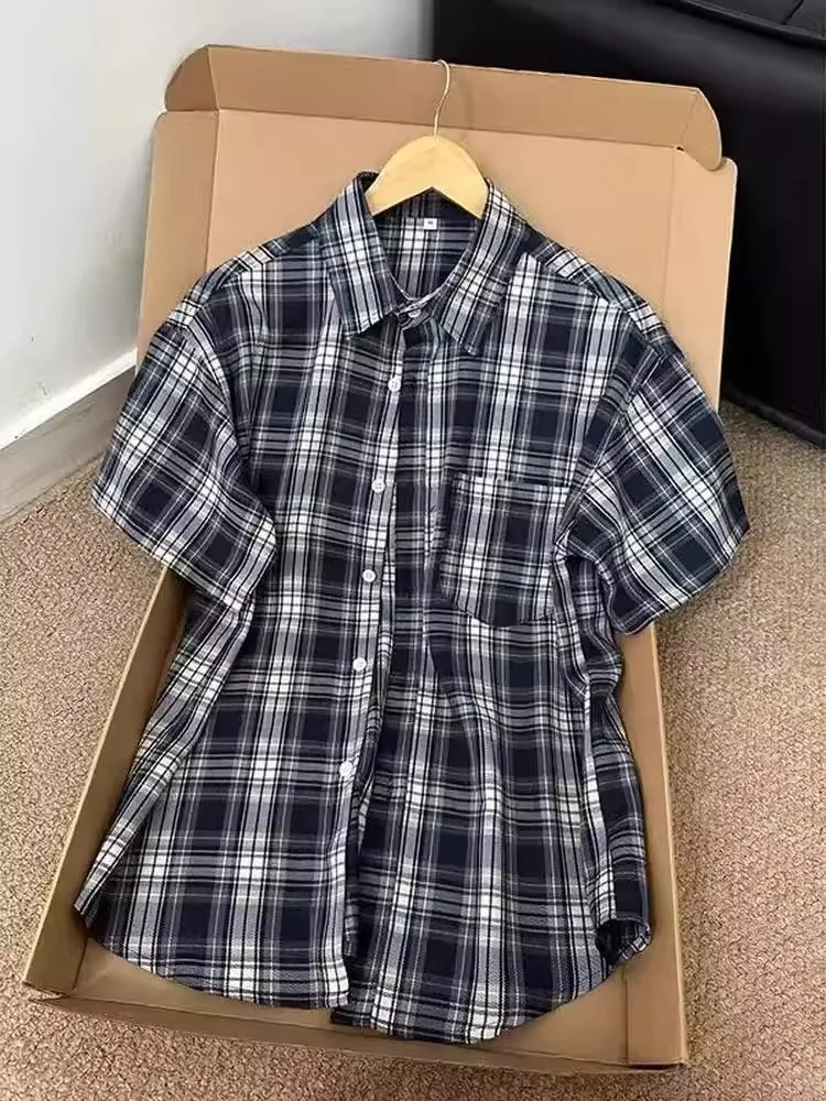 

Retro American Plaid irt Men's Summer Thin High-End Casual ort Sve irt Trendy Brand Couple Match Upper Body Breathable