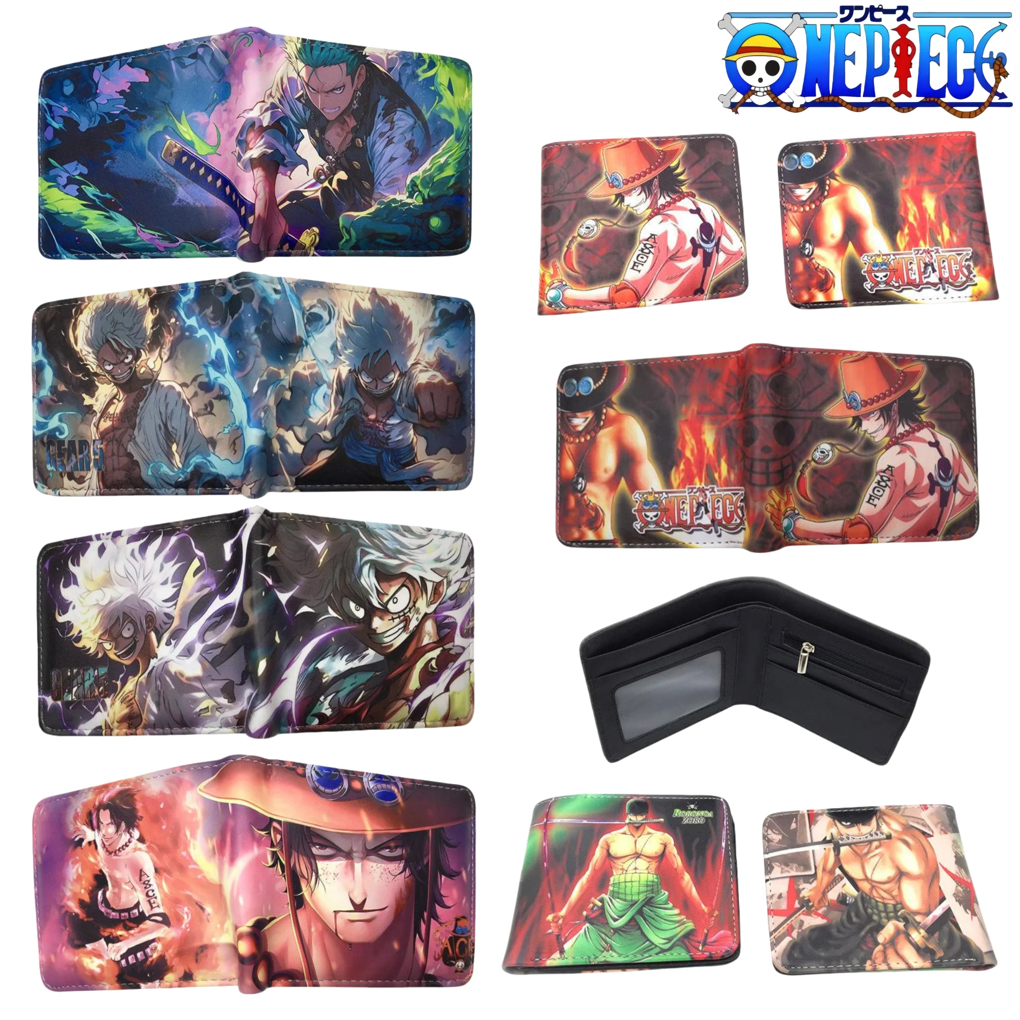 

One Piece Wallet Anime Figure Luffy Roronoa Zoro Ace NikaLuffy PU Leather Coin Purse Short Multi Functional Student Wallet Gift