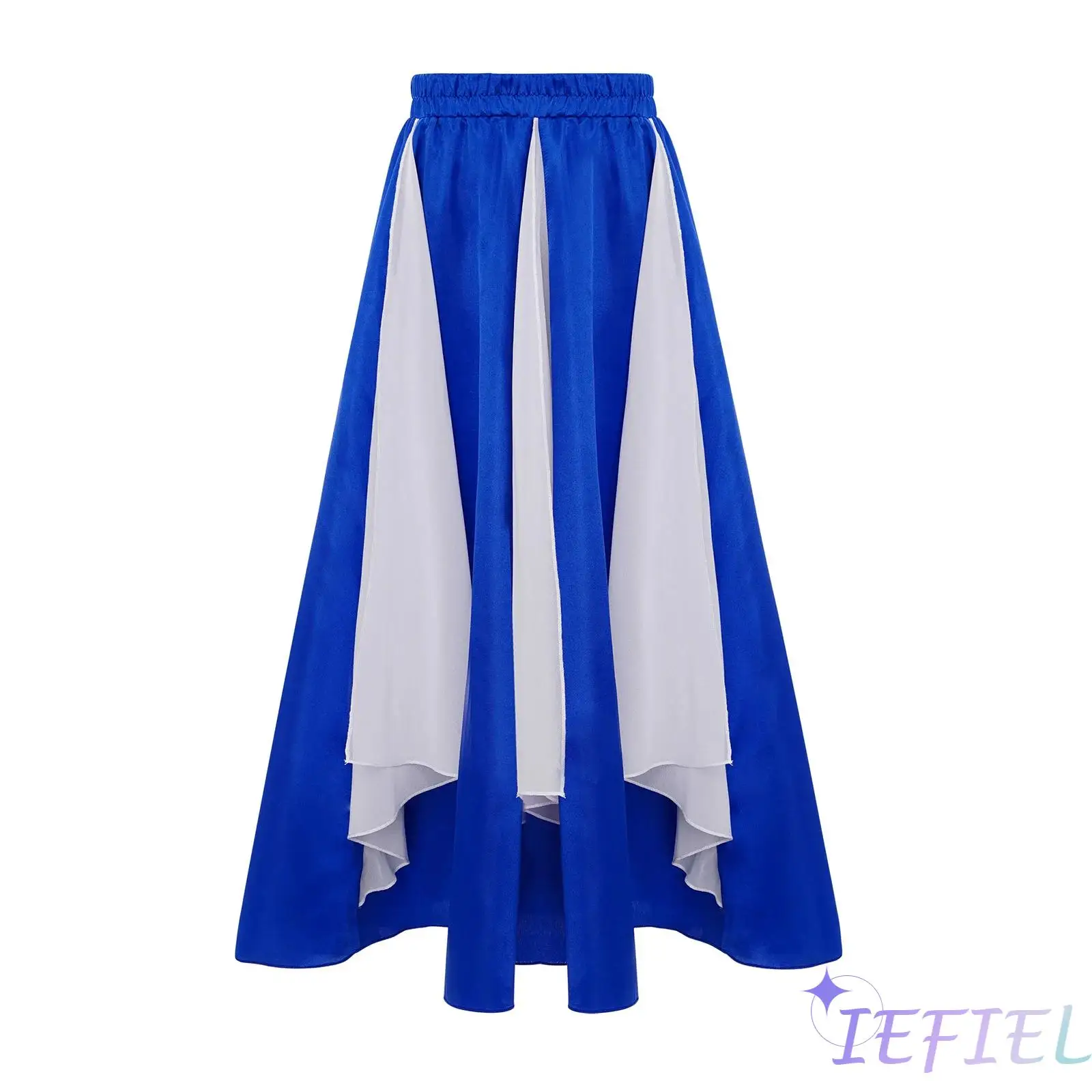 

Kids Girls Praise Dance Skirts Worship Stage Performance Elastic Waistband Color Block Wide Hemline Chiffon Panel Satin Skirt