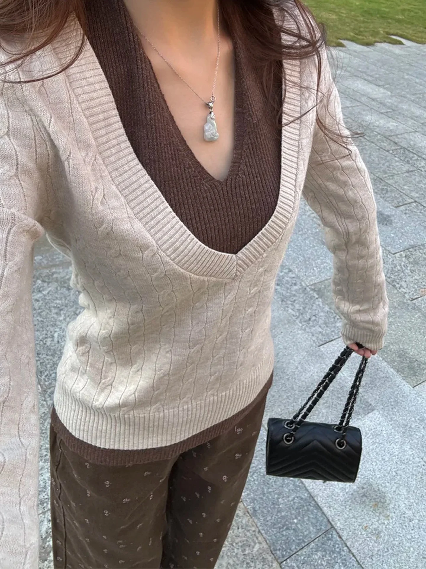 미국 스타일 하이웨이스트 와이드 레그 데님 진 여성용 가을 겨울 신상 슬림 플로럴 디자인 브라운 팬츠