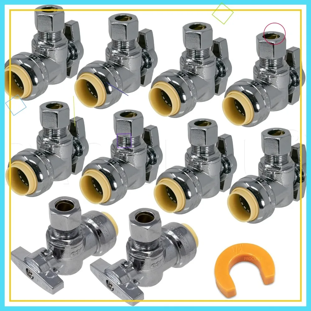 

Набор из 10 угловых запорных клапанов PushFit, 1/2" Push x 3/8" OD Comp, латунный, четвертьоборотный, для медных, PEX, CPVC труб