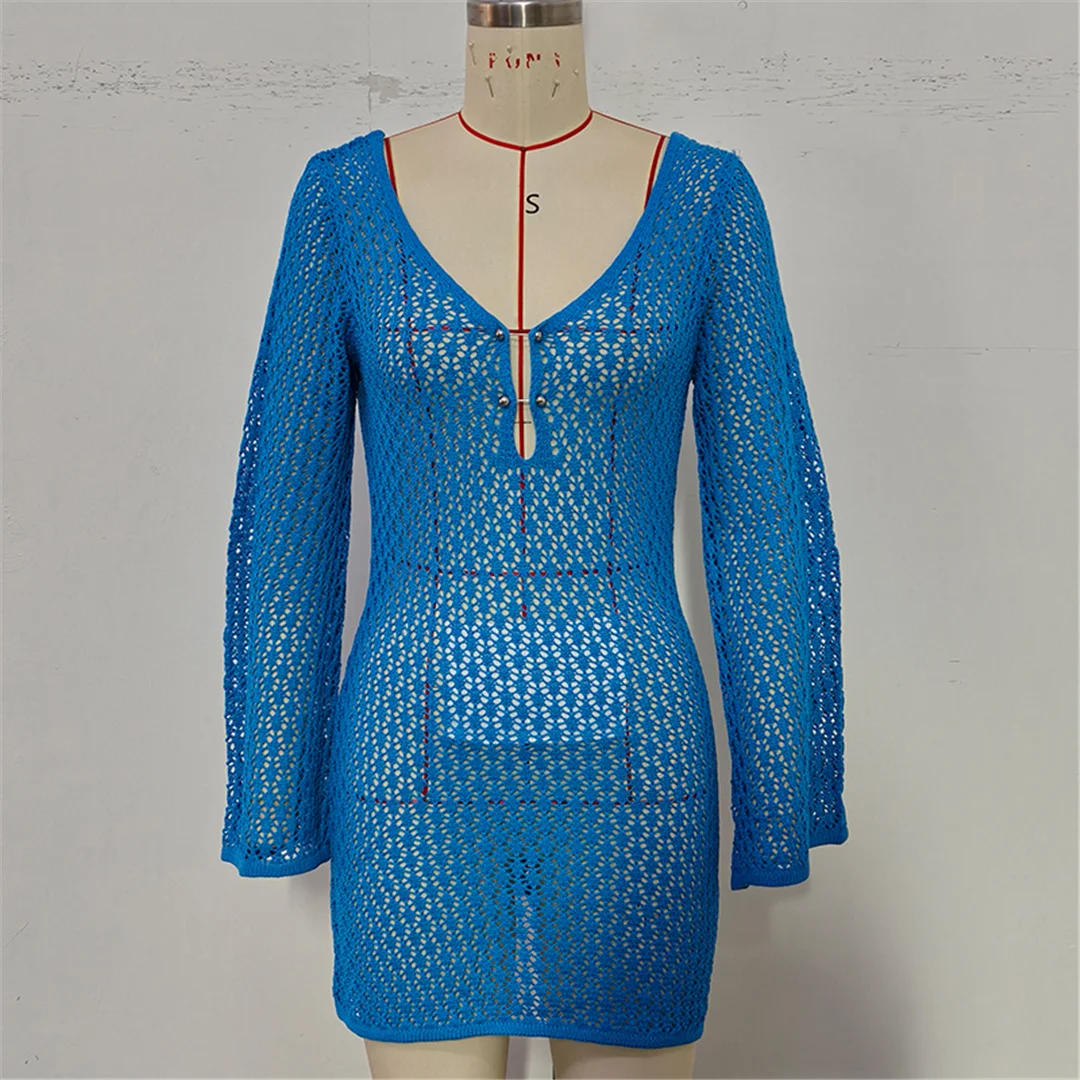 V-Ausschnitt, lange Ärmel, mit Ausschnitten versehene, gehäkelte Tunika, Strandkleid, Strandmode, Damen V7643 – Detail 29