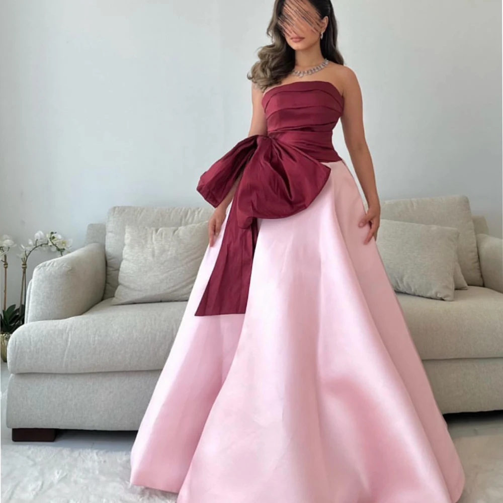

High Quality Evening Dresses with Bow Satin A-line Strapless Long Party Dress Customized Formal Occasion Prom Gown for Women