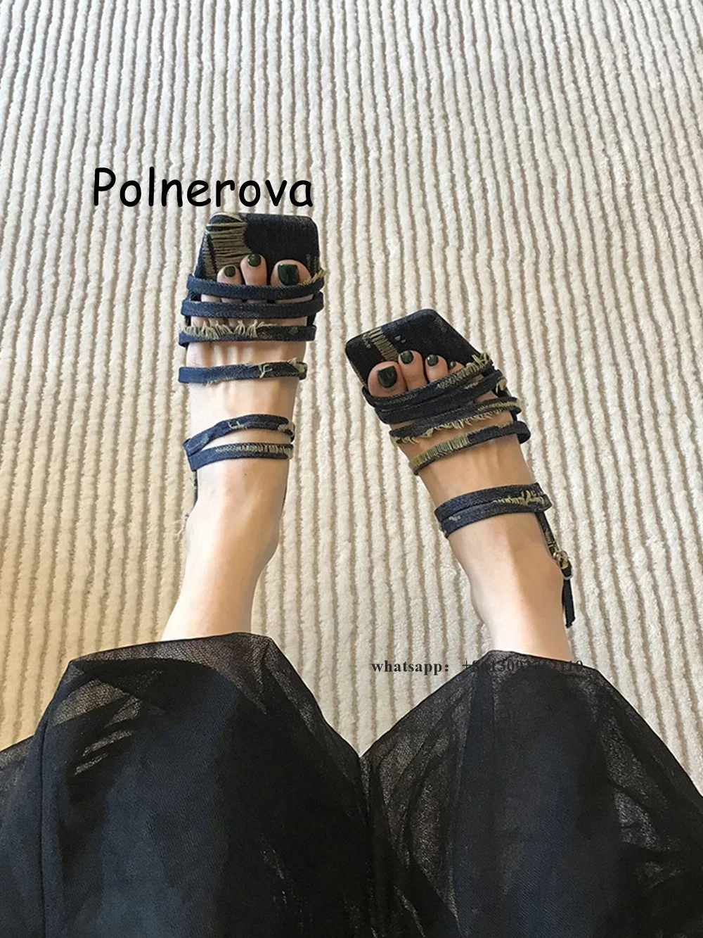 

Denim Mixed Colors Sandals One Word Belt Women's Shoes Square Toe Thin Heels Metal Buckle Summer Casual Outerwear Roman Shoes