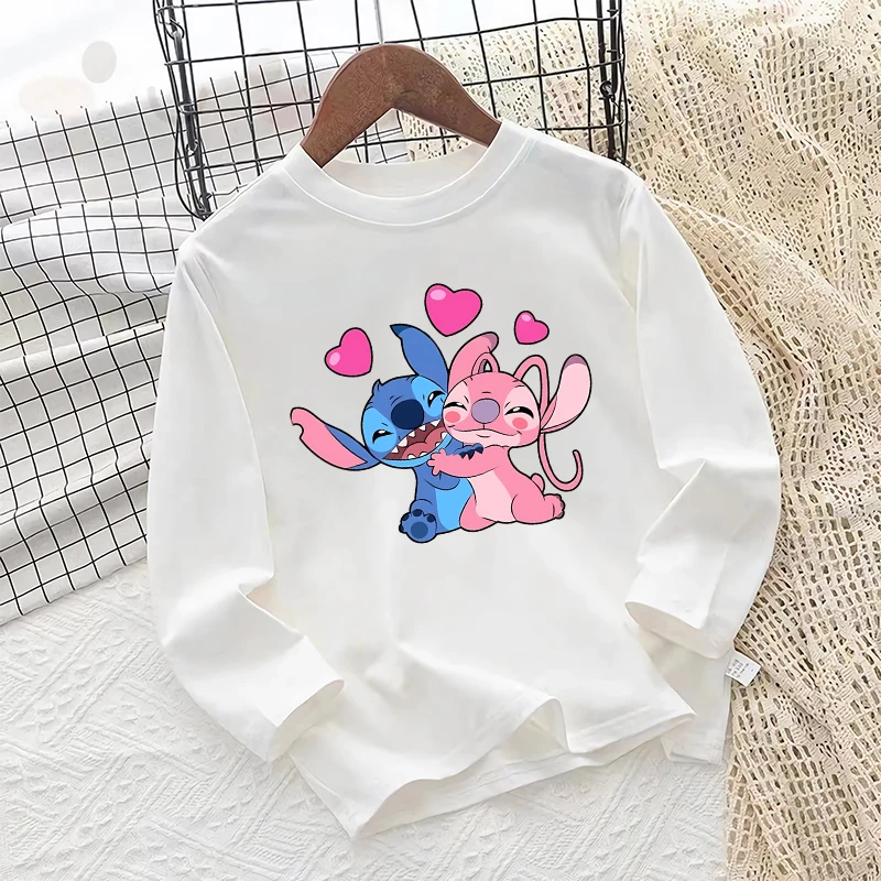 Stitch Disney Children Long Sleeve T-shirt Autumn Boys Girls Printed White Sweatshirt Casual Clothing Cartoon Anime Kids Gifts