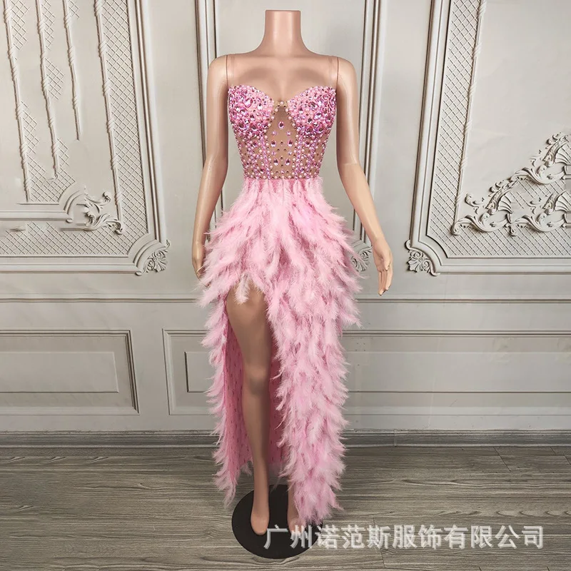 Temperament Pink Fishbone Waist Feather Dress Socialite Birthday High-end Dress Model Catwalk Trendy Clothes Luxury Prom Dresses