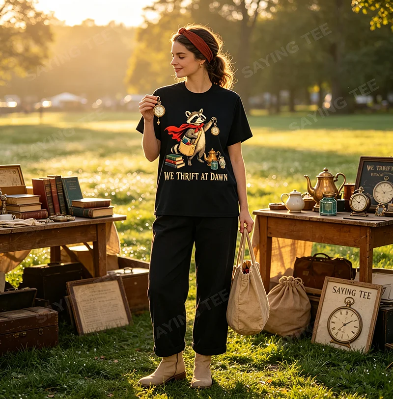 We Thrift At Dawn Thrifting Lover Mittelalterliches Waschbär-T-Shirt Y2k Antik-Sammler Schatzsucher Grafik-Bekleidung Vintage-T-Shirt – Detail 3