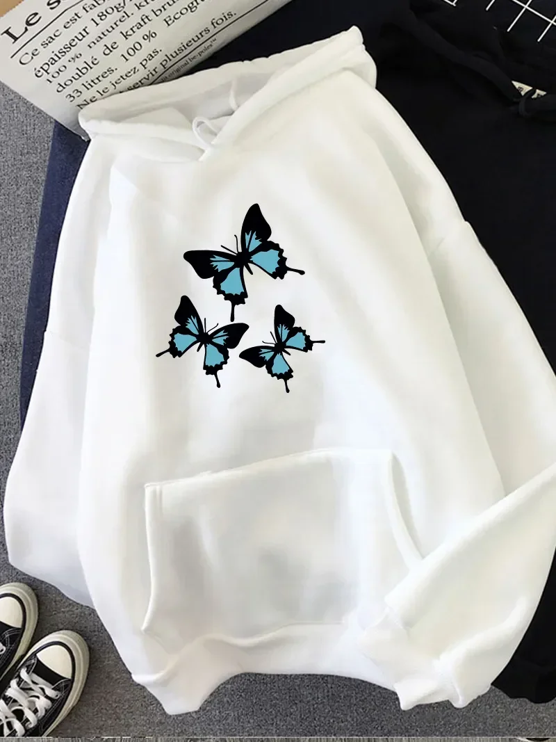 

Hirsionsan Butterflies Print Women Sweatshirt Soft Casual Loose Female Hoodies 2024 Winter New Warm Fleece Tops for Girls