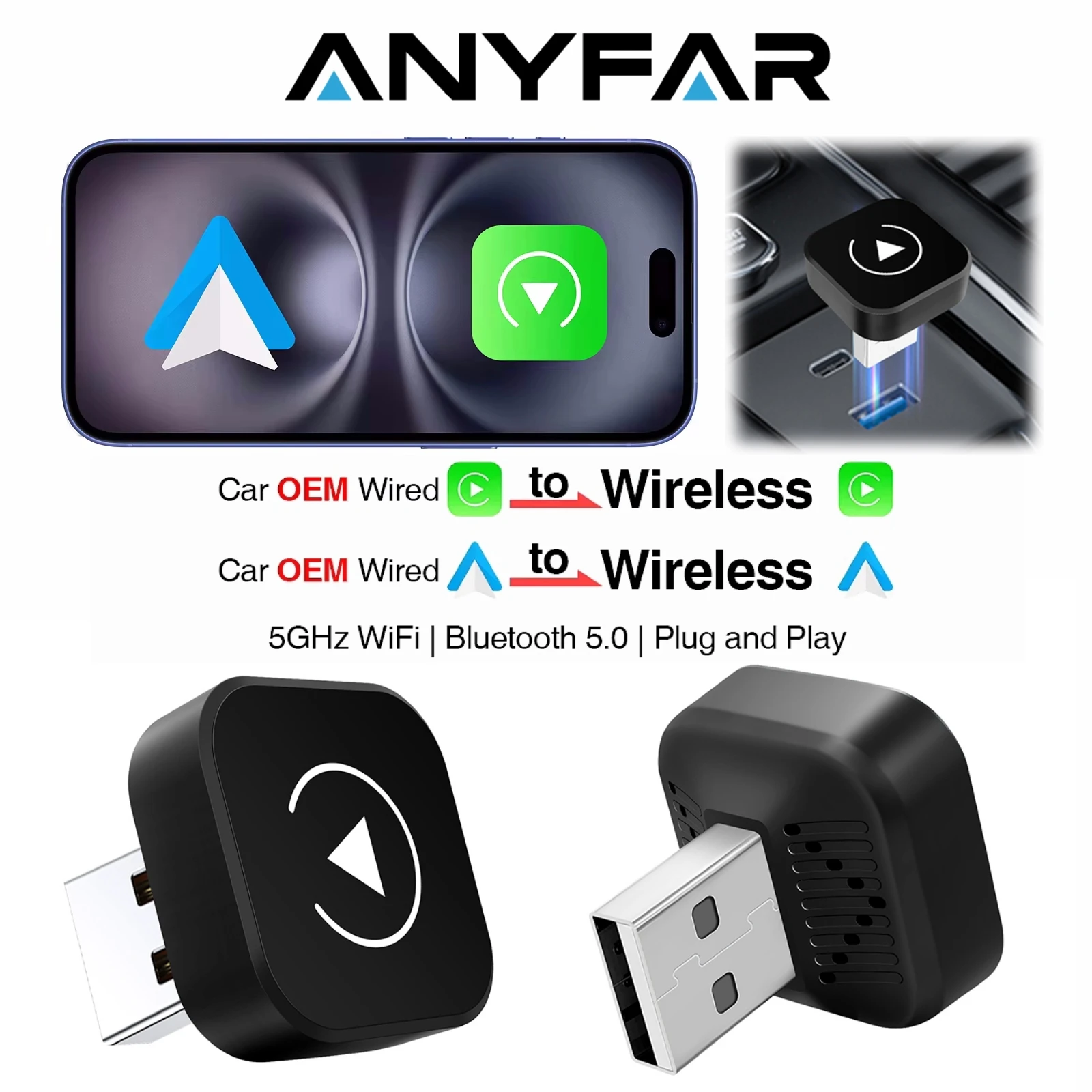 2 in 1 Wireless CarPlay Adapter Plug & Plug Auto Connect No Delay Converts Wired to Wireless Compatible For iPhone & Android
