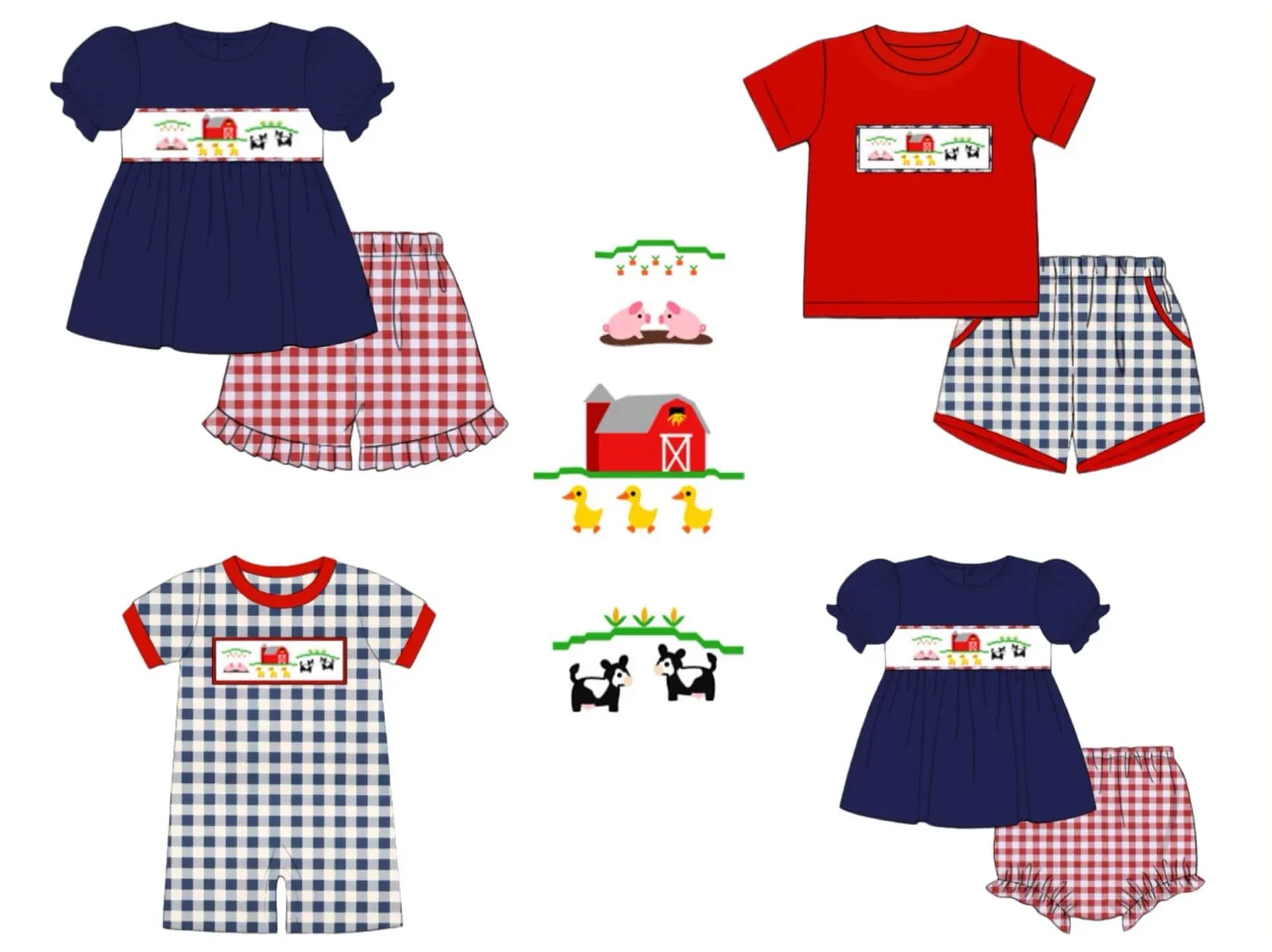 

New boutique children's set short-sleeved elastic farm pig and duck print shorts lace girls boys plaid shorts set baby romper