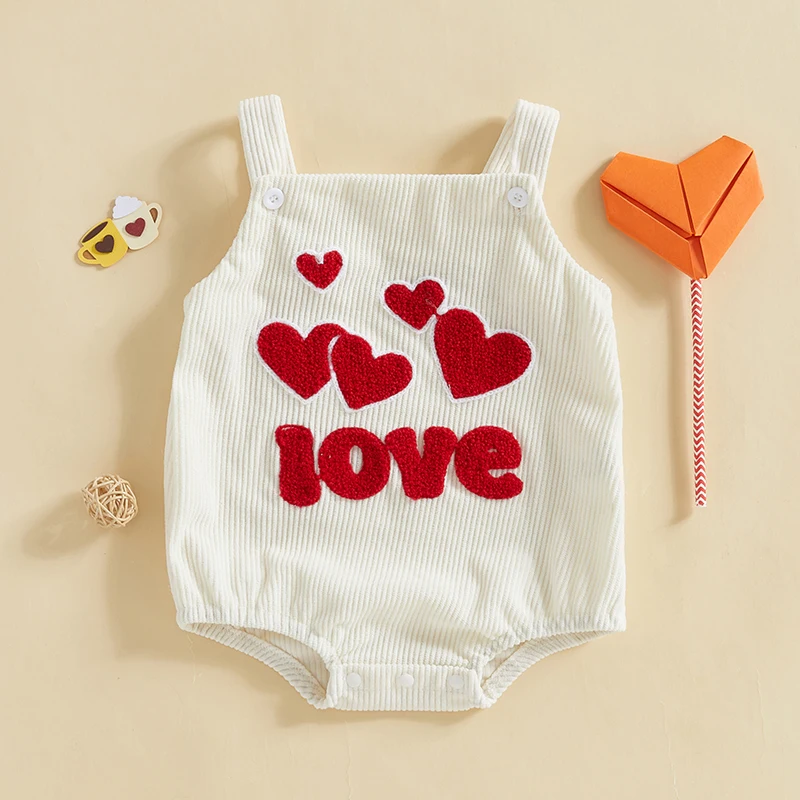 

VISgogo Baby Valentine's Day Bodysuit Spring Fall Overalls Heart Letter Embroidery Sleeveless Square Neck Corduroy Romper