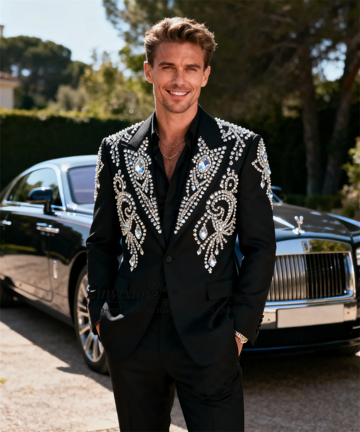 

Sparkly Metal Embellished Men Suits Peaked Lapel Groom Tuxedos Customized Wedding Blazers Outfit 2 Pieces Sets ropa hombre