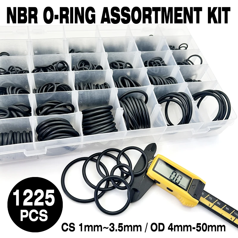 

CS 1~1.5mm OD 4~50mm NBR 1225Pcs O-Ring Assortment Nitrile Rubber High Pressure Oil Resistance Sealing Valve O Rubber Rings Kit